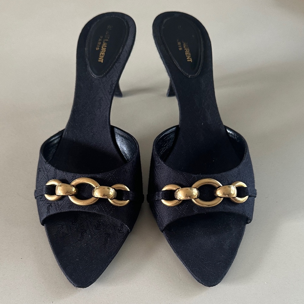 Saint Laurent Black Heels with Gold Chain Detail